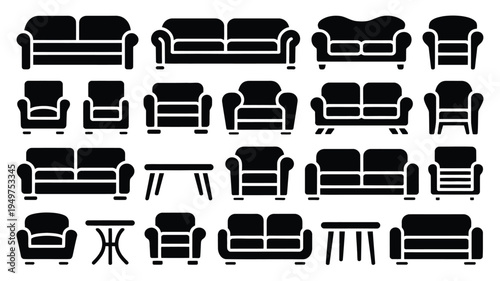 Collection of black silhouettes of various sofas armchairs and coffee tables for interior design and furniture concepts