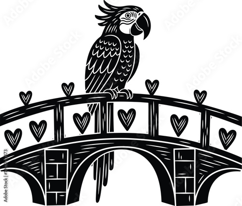 Linocut parrot on bridge with heart arches symbolizing connection care wildlife harmony bold carved vector illustration