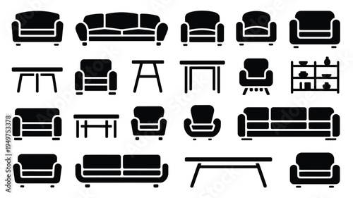 Collection of black silhouette furniture icons including sofas armchairs and tables on white background for design and decoration
