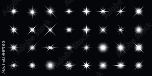 Collection of 32 bright starburst effects on a black background. Starburst designs vary in shape and intensity, creating a dazzling, radiant effect. Overlay effect vector element set.