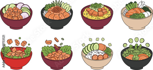 Fresh Poke Bowl Illustration Set with Salmon Tuna Avocado and Rice for Healthy Restaurant Menus Food Delivery Apps and Japanese Fusion Culinary Vector Graphics
