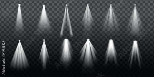 Bright spotlights shine on a dark stage. Spotlights create dramatic effects. Multiple spotlights illuminate the scene. Spotlights focus on specific areas. Overlay effect vector element set.
