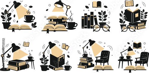 Cozy reading corner illustration set with books lamp coffee chair plants and study workspace library concept