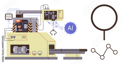 Industrial automation, AI robotics, manufacturing processes, intelligent machines, innovation in technology, workflow efficiency. A factory robot with circuits and conveyor. Industrial automation