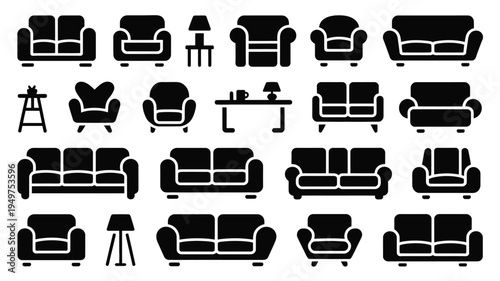 Collection of modern furniture silhouettes including sofas armchairs coffee tables and lamps on white background
