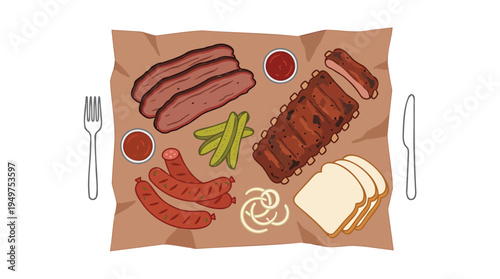 A picnic blanket with various grilled meats and condiments laid out for dining outdoors.