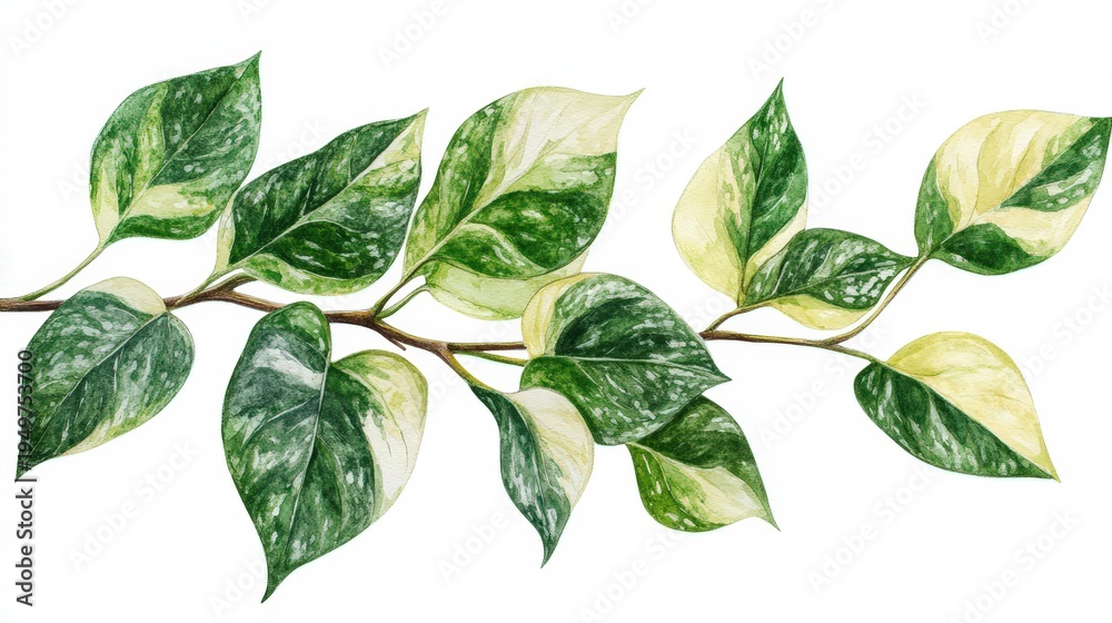 Fototapeta premium Variegated Epipremnum Aureum Plant Branch with Green and White Leaves on White Background