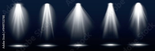 Bright spotlights shine on a dark stage. Spotlights create dramatic effects. Multiple spotlights illuminate the scene. Spotlights focus on specific areas. Overlay effect vector element set.