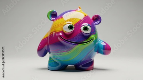 A colorful illustration of a smiling monster toy with swirling patterns on its body stands alone