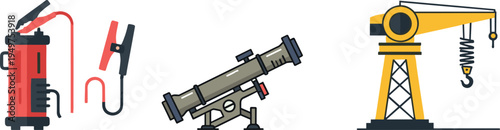 Industrial equipment set featuring portable power generator with jumper cables, professional astronomical telescope, and yellow construction crane isolated on white.