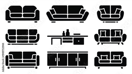Modern home furniture silhouettes bundle including sofas loveseats and cabinetry on white background for interior design and decoration