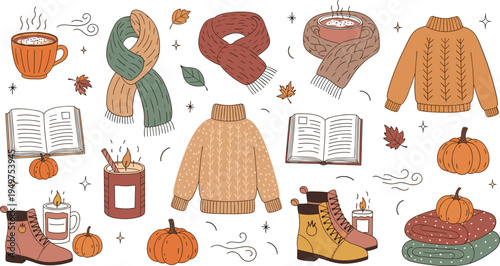 Cozy autumn elements illustration set with knitted sweater scarf pumpkin boots hot drink book and fall season collection