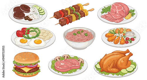 Assorted Meat and Fast Food Dishes Vector Illustration Set Featuring Steak, Kebab, Ham, Fried Eggs, Burger, Chicken, and Shrimp Meals on Plates