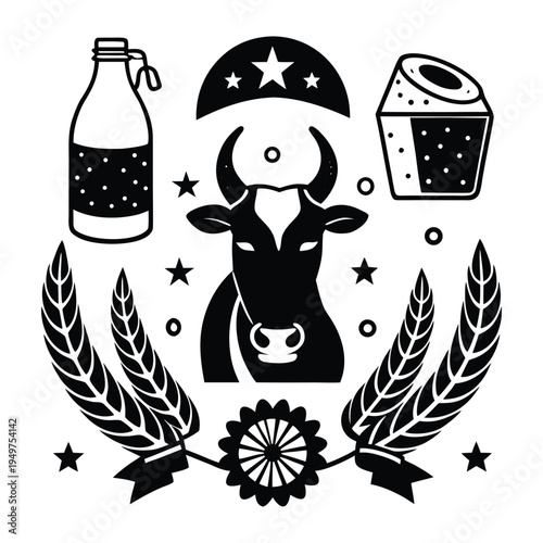 Black and white of cow with milk bottle wheat bucket and sunflower