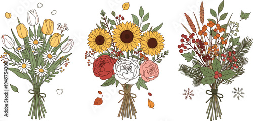 Autumn flower bouquet illustration set with sunflower tulip wildflowers leaves and seasonal floral arrangement collection