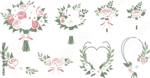 Romantic rose floral bouquet and wreath illustration set with elegant leaves heart shape wedding decoration collection
