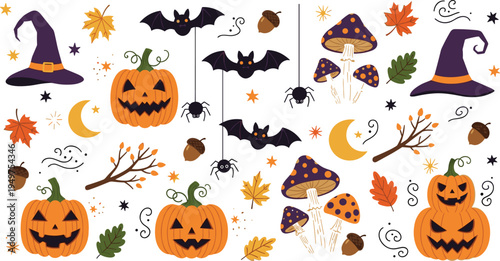 Halloween elements illustration set with pumpkin bat witch hat mushrooms spider moon autumn leaves spooky collection