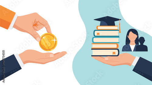 Hand in a business suit giving a gold dollar coin in exchange for a stack of books with a graduation cap for education.