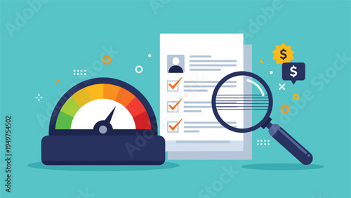 Speedometer gauge next to a document with check marks being inspected by a magnifying glass for performance audit.
