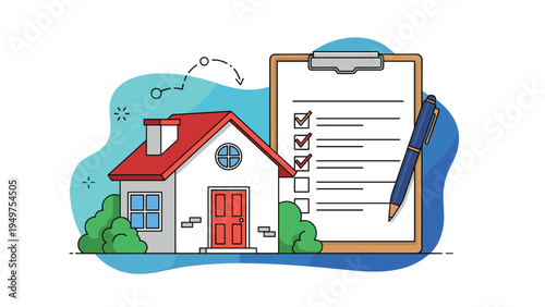 Modern white house with a red roof standing next to a large clipboard with a checklist and a blue pen on blue background.