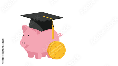 Pink piggy bank wearing a black graduation cap next to a large gold dollar coin for education savings and planning.