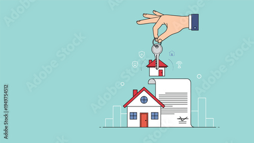 Human hand holding a house key over a residential home and a signed contract document on a solid green background.