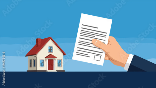 Human hand in a business suit holding a white document in front of a small residential house on a blue background.