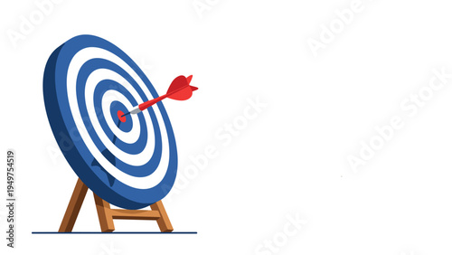Blue and white dartboard target on a wooden stand with a red arrow hit directly in the center bullseye area.
