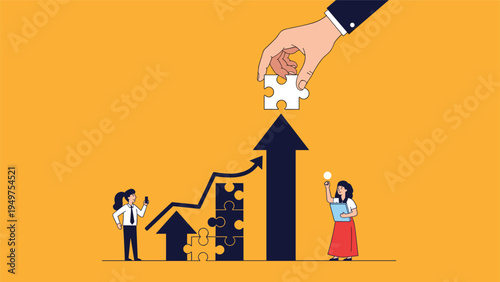 Giant hand in a business suit fitting a white puzzle piece into a black rising arrow with two small people working.