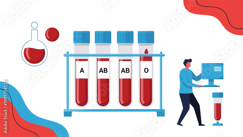 Medical professional working at a computer next to large test tubes and laboratory flasks with blood samples on white.