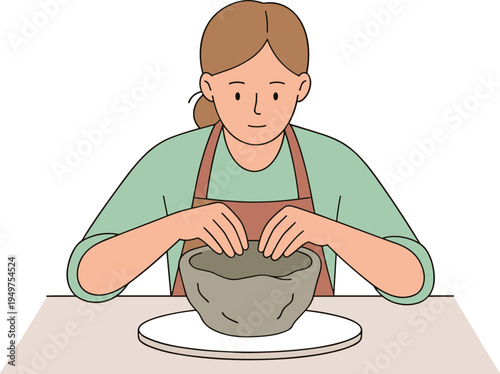 Woman wearing apron is working on clay bowl at table indoors