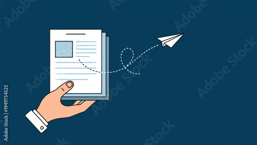 Human hand in a suit holding a document with a paper airplane flying out along a dashed line path on blue background.