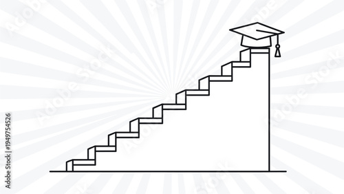 Minimalist line drawing of a staircase leading up to a black graduation cap on a light gray sunburst background.