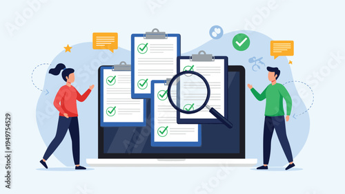 Man and woman standing beside a giant laptop screen displaying multiple checklists being inspected by a magnifying glass.