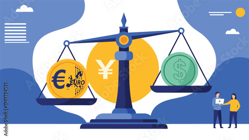 Large balance scale weighing a gold euro coin against a green dollar coin with people talking in the background.
