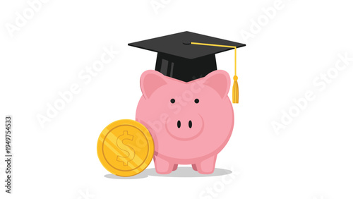 Piggy bank wearing a graduation cap with a gold dollar coin represents educational savings and financial planning for future tuition.