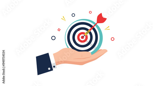 Human hand in a business suit holding a small round target hit in the center by a red arrow on a white background.