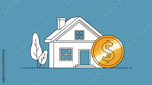 Modern house architectural line drawing with a large gold dollar coin illustrates real estate investment and home financing concepts.
