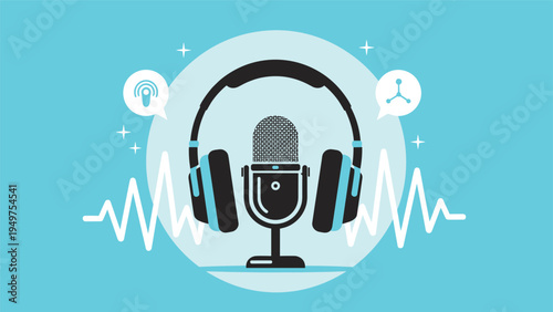 Professional studio microphone and headphones with sound wave visualization symbolize podcasting, radio broadcasting, and audio recording.