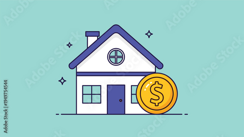 Simple white house with a blue roof standing next to a large gold dollar coin on a turquoise background with stars.