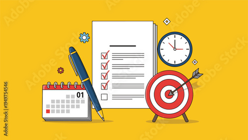 Business planning elements including a checklist, calendar, clock, and target with an arrow symbolize goal setting and time management.