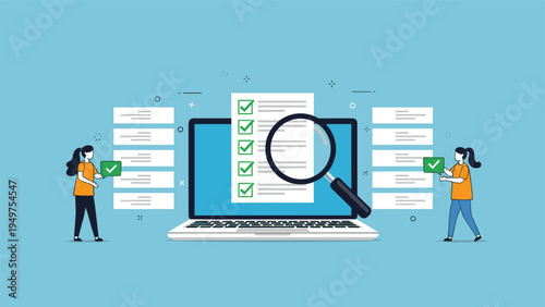 Online survey or digital checklist on a laptop screen with people managing tasks represents data collection and project management.