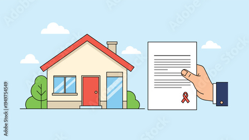 Hand holding a legal document with a red wax seal next to a house symbolizes property ownership, title deeds, and contracts.