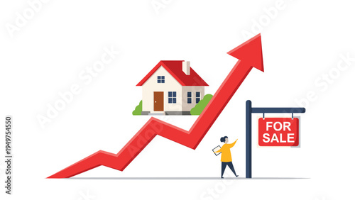 Red upward trending arrow with a house and for sale sign depicts the rising real estate market and increasing property values.