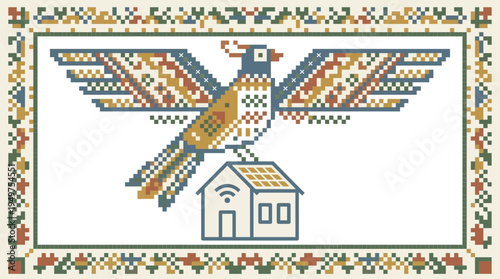 Solar powered smart home with traditional cross-stitch folk art bird and decorative border