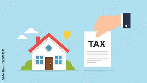 Hand holding a tax document over a residential house represents property taxes, government regulations, and financial obligations.