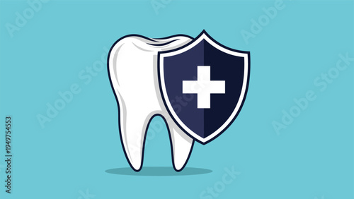Healthy white human tooth protected by a medical shield represents dental insurance, hygiene, and professional oral care services.