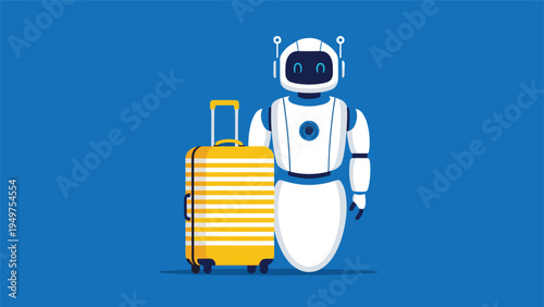 Round white humanoid robot standing beside a yellow travel suitcase represents the integration of AI in the travel industry.