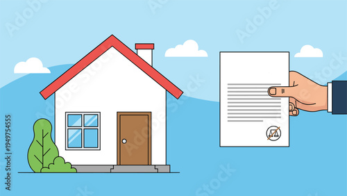 Person holding a stamped official document next to a residential house signifies house approval, legal certification, or home insurance.