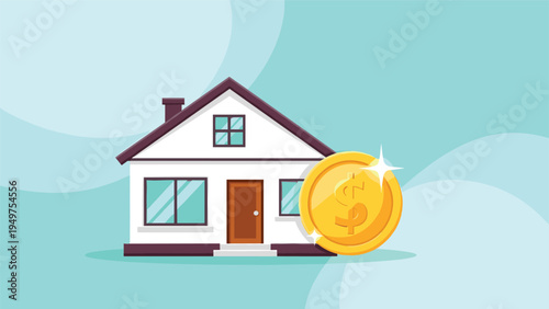 Modern white house with a brown roof and a shiny gold dollar coin illustrates real estate value and home investment.